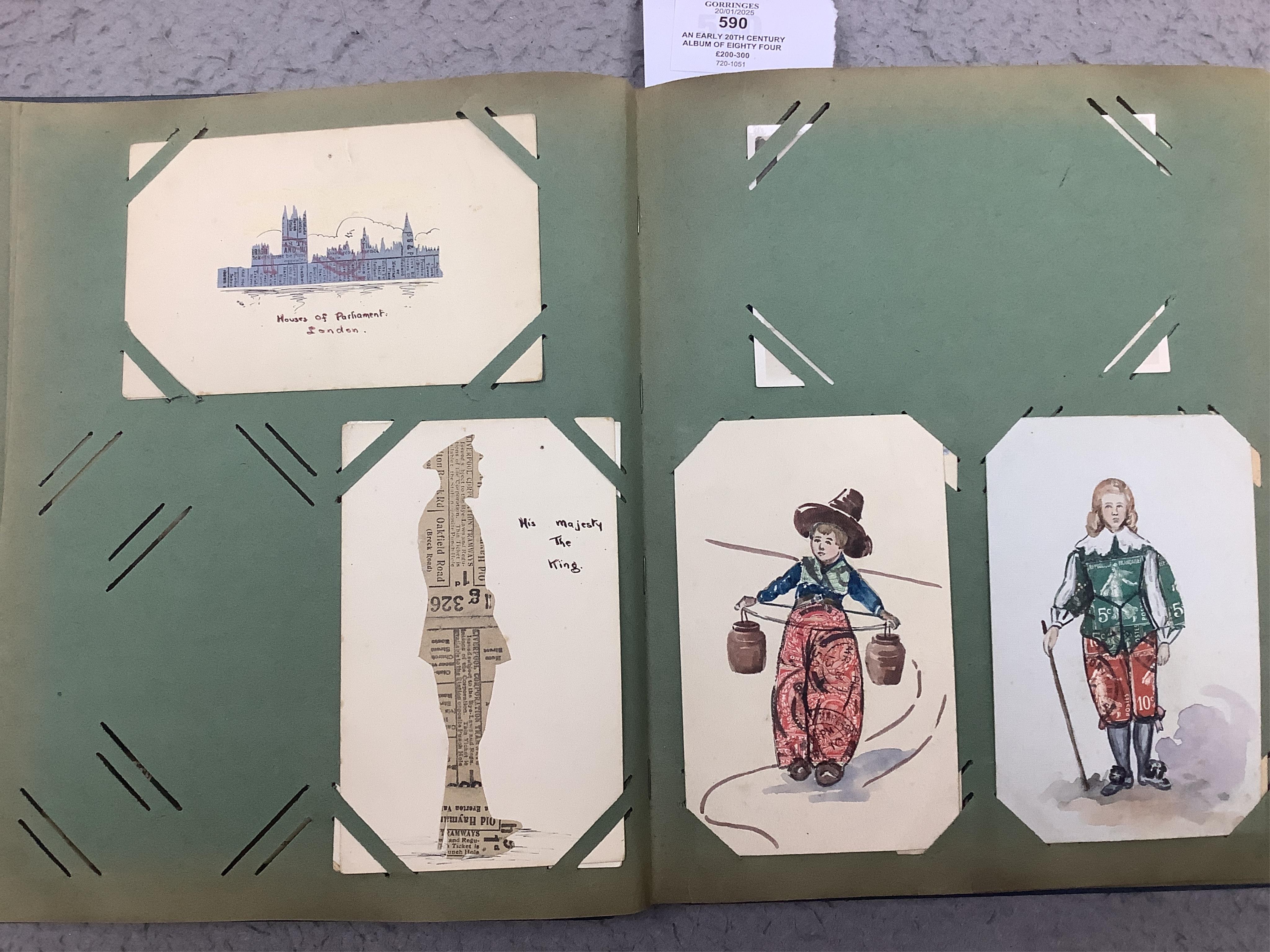 An early 20th century album of eighty four postcards; good selection including mechanical, silks, novelty, etc. Condition - variable